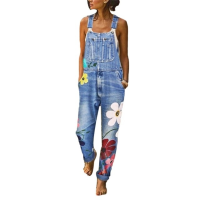 Denim Jumpsuit for Women Vintage Sleeveless Spaghetti Strap Floral Print Jeans Overalls Ladies Casual Jean Bodysuits