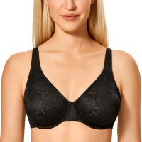 Womens Full Coverage Jacquard Unlined Plus Size Underwire Seamless Mesh Bra Beige Black