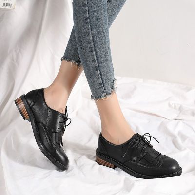 Brock Tassel Womens Shoes Lace-up Flat Shoes British Style Loafers Soft Leather Shoes Thick Heel Height Increase Simple