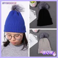 SYBOOKS Winter Knitted Warm Wool Fur Ball Cap Girl Knitted Hat Fleece Line Detachable