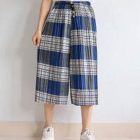 K.F.T.กางเกงอัดพลีทลายสก๊อต plaid pleated pants  ผ้าใส่สบายสีไม่ตก  รุ่น7118-513/577# ทรงหลวมผ้าหนังไก่ ความยาวเลยเข่า  มีเชือกผูกรูดได้