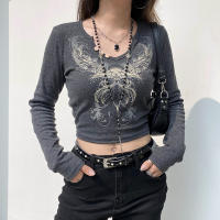 Y2K Crop Top Women Vintage Grunge Graphic Print Slim Fit Fairy Tees Tops Retro Aesthetic Long Sleeve Female T Shirt Streetwear