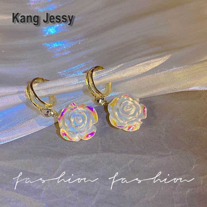 kang-jessy-925-ต่างหูดอกกุหลาบสีขาวเข็มเงินแฟชั่นไม่สมมาตรออกแบบเฉพาะกลุ่มต่างหูฝรั่งเศสขั้นสูงต่างหู