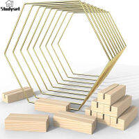 Studyset IN stock 10pcs Hexagonal Metal Floral Hoop Wreath Ring With Wooden Holders For Making Wedding Table Crafts