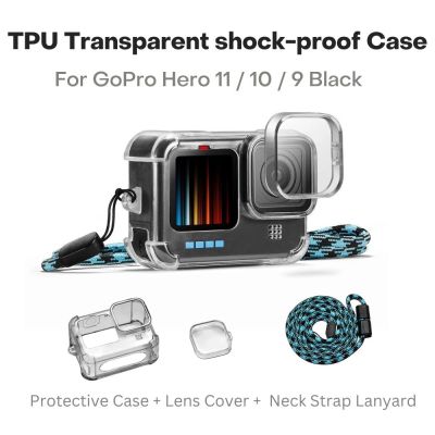 Anti-fall Case for GoPro Hero 12 / 11 / 10 / 9 Black Transparent TPU Shockproof Housing Cover + Lens Protective + Lanyard for Gopro 12 11 10 9