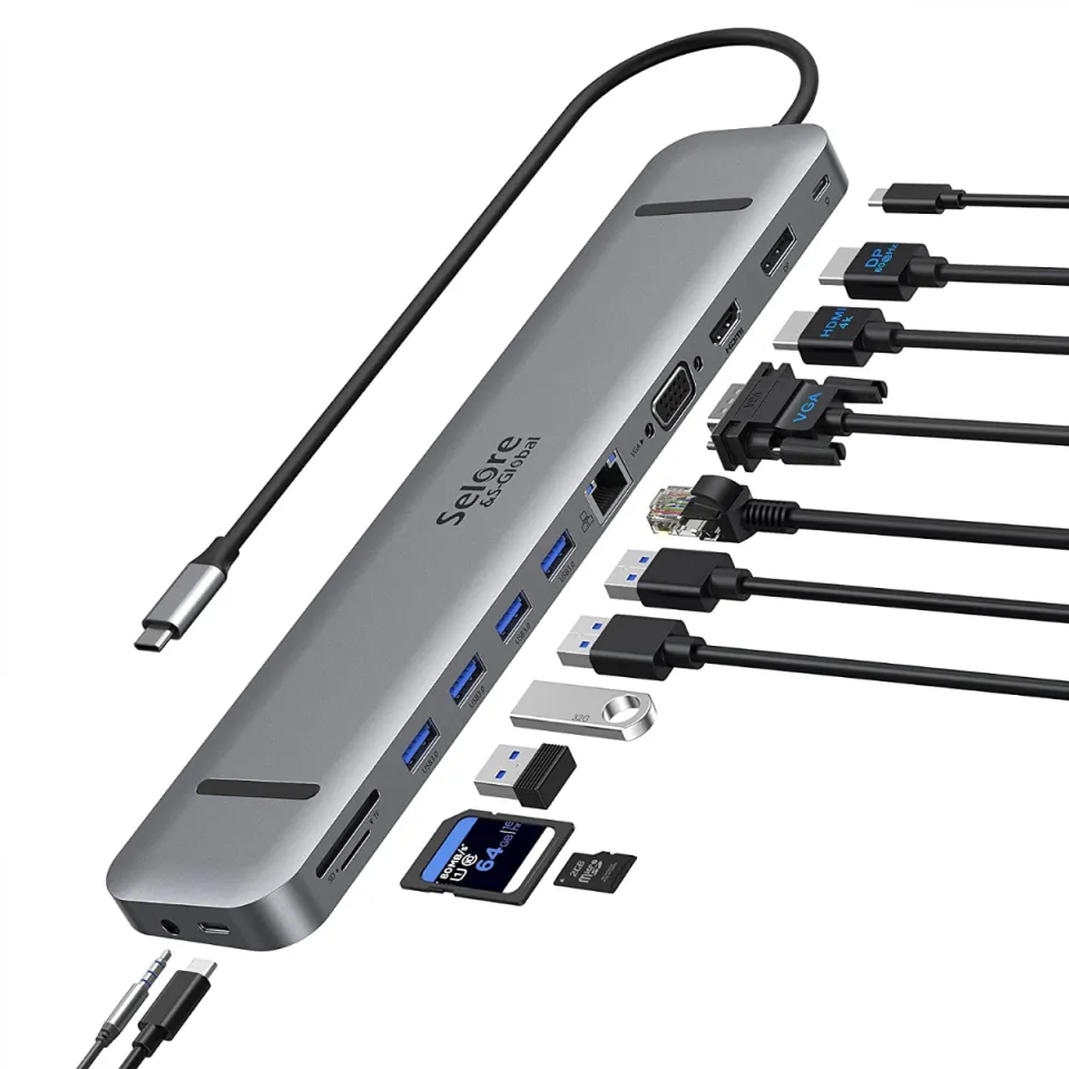11-in-1 USB-C hub - 4x USB 3.0, Audio, VGA, HDMI, LAN, USB-C and TF / SD -  Sky Gray