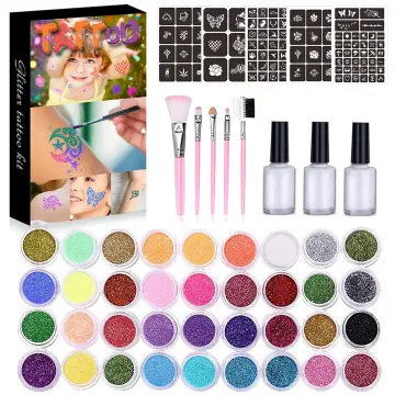 Diamond Glitter Tattoo Set Temporary Tattoo Kit 24 Glitter Colors