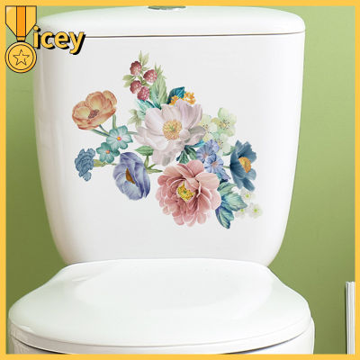 Iceyhome สติ๊กเกอร์ห้องน้ำดอกไม้ติดฝาชักโครกลายดอกไม้,ตกแต่งศิลปะบนผนัง3มิติสำหรับห้องน้ำ