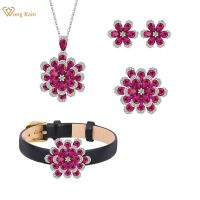 【lz】◎♨❈  Wong chuva vintage 925 prata esterlina flor ruby laboratório safira pedra preciosa anel/colar/brincos/pulseiras conjuntos de jóias por atacado