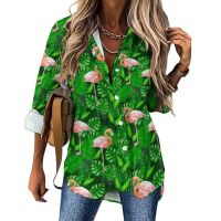 ┇❏ Flamingo Design Blouse Green Palm Leaf Print Kawaii Casual Blouses Korean Fashion Shirt Long-Sleeve Oversize Clothing