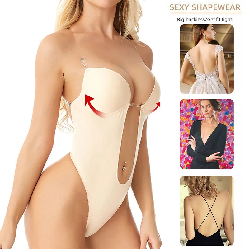 Women's Backless Body Shaper Bra U Plunge Seamless Thong Invisible Bodysuit  Deep V Body Shapewear For Wedding Party,size S