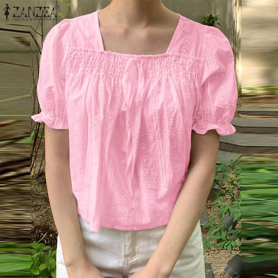 (สินค้ามาใหม่)(จัดส่งฟรี)Fancystyle ZANZEA เสื้อแขนพองสั้นผู้หญิงสไตล์เกาหลี,เสื้อลูกไม้เย็บปะติดปะต่อกันมีช่องเปิดเสื้อลำลองคอเหลี่ยม #10