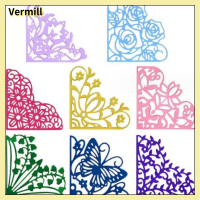 VERMILL 8Pcs มุมมุมมุม ไดคัทลายดอกไม้ ดอกไม้และดอกไม้ ลูกไม้ปักลาย ตัดมุมตาย แม่แบบลายนูน โลหะสำหรับตกแต่ง ลูกไม้ตัดตาย การทำสมุดภาพบัตร