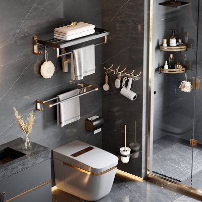 Luxury Bathroom Hardware Set Space Aluminum Black Gold Towel Shelf Toilet Paper Holder Bathroom Supplies Storage Rack With Hook