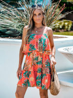 Tropical Leaf พิมพ์ Flounce Mini Dress สำหรับผู้หญิงเซ็กซี่ Cami สายรัด Beach Holiday A-Line ชุด2023ฤดูร้อนหญิง Sundress