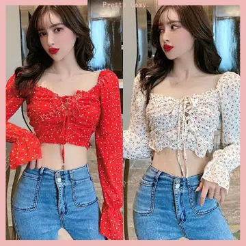 Red Long Sleeve Top - Bustier Top - Balloon Sleeve Top - Sexy Top