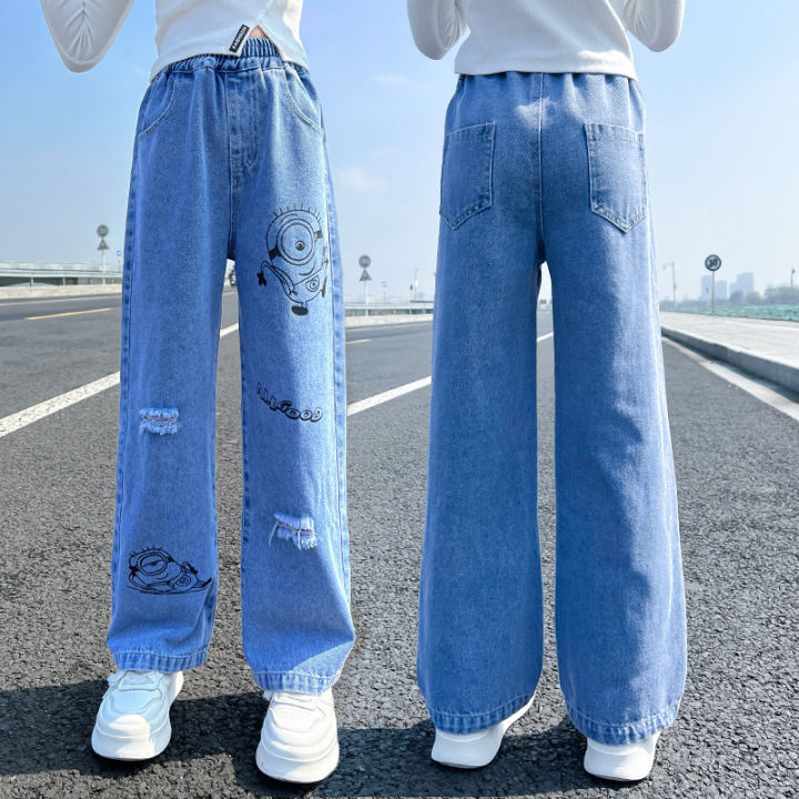 ผ้าเดนิมสำหรับเด็กผู้หญิงกางเกงขาม้าขนาดกลางและใหญ่กางเกงขายาวทรงหลวมสไตล์ใหม่-amila