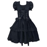 Harajuku pure black short sleeve lace up dress women 2023 lady street casual ruffles simple bodycon mini dresses