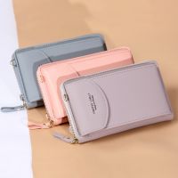 New Women Purses Solid Color Leather Shoulder Strap Bag Mobile Phone Big Card Holders Wallet Handbag Pockets for Girls