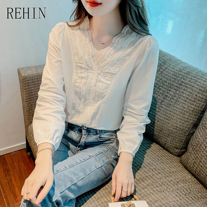 rehin-ของผู้หญิงด้านบนลูกไม้คอคอวีเสื้อแขนยาวฤดูใบไม้ร่วงแฟชั่นหลวมผอมน้ำเสื้อสง่างาม