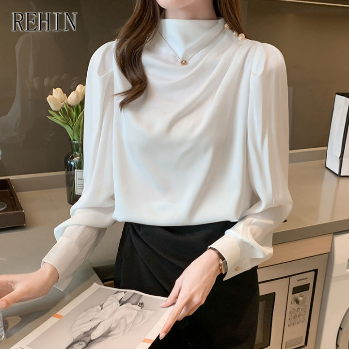rehin-เสื้อผ้าชีฟองแขนพองผ้าซาตินของผู้หญิง-เสื้อเบลาส์ทรงหลวมพอดีตัวจีบสีพื้นใหม่ฤดูใบไม้ผลิปี2020