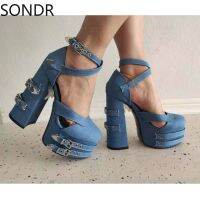 Womens Platform Denim Jeans Sandals S-straps Super High Heel Block Belt Buckle Punk Motorcycle Sexy Shoes New 2023