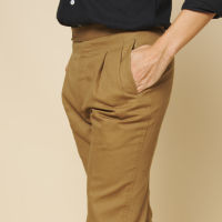 Topiary Beltless trousers in Tan cavalry twill cotton - กางเกงขายาวเอวสูง