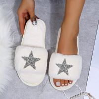 Luxury Bright Rhinestones Pentagram Decor Fur Slippers Women New Fashion Design Sparkling Winter Home Leisure Elegant Flat Shoes