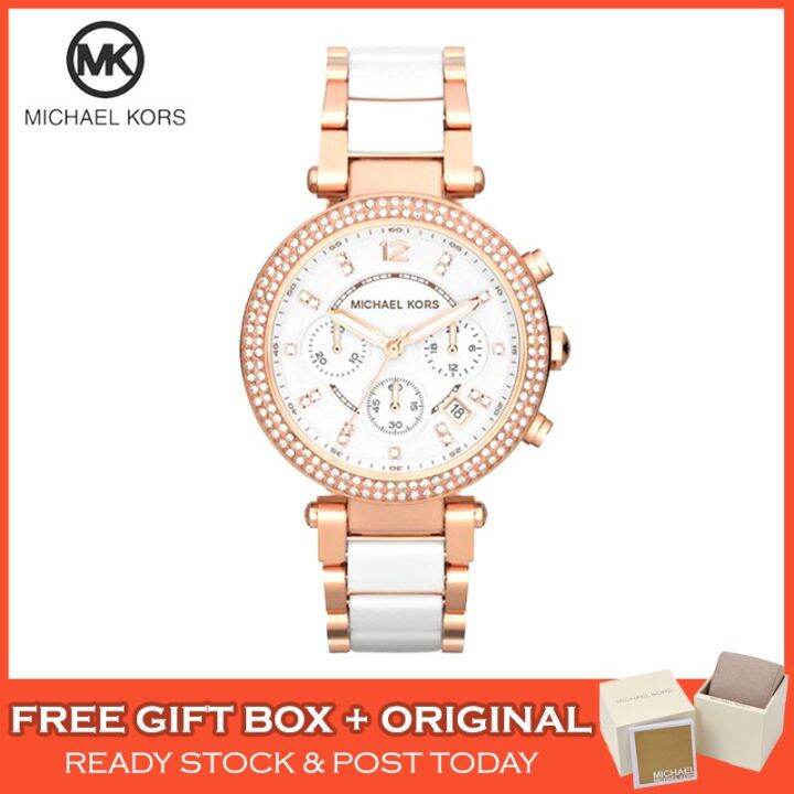 Chính Hãng] Michael Kors Parker Chronograph Mặt Đồng Hồ Màu Trắng Hồng Vàng  Hai Giai Điệu Ladies Đồng Hồ Nữ Jam Tangan MK5774 