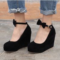 Women High Heels Shoes Fashion Buckle Wedges Ladies Platform Buckle Bowtie Pumps For Woman Plus Size 42 Wedding Shoes