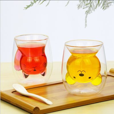 【High-end cups】250ML ผนังคู่สร้างสรรค์ทนความร้อนหมีแมวแก้วฉนวนสัตว์น่ารักการ์ตูนรูปร่างนมน้ำถ้วยอาหารเช้า