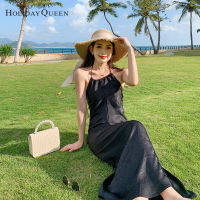 HolidayQueen กระโปรงยาวเอี๊ยมกระโปรงแบบห้อยคอผ้าซาตินสีดำสไตล์ฝรั่งเศสย้อนยุคดีไซน์จีบสำหรับวันหยุดฤดูร้อน HQ2356