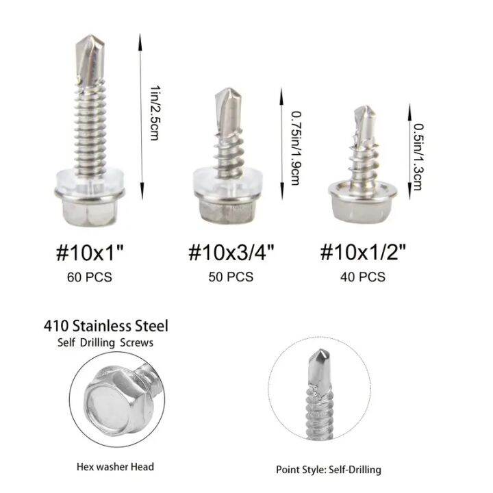 150pcs Stainless Steel Self Tapping Screws Assortment 10 Hex Head Self