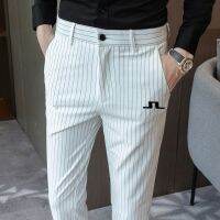 White Vertical Stripes Golf Trousers Casual Ankle-Length Pants Men Summer Trend Korean Version Slim-fit Small Feet Long