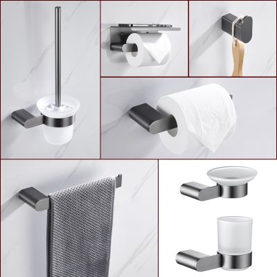 【jw】☼▣  Acessórios do banheiro arma cinza robe gancho dispensador de sabão copo/papel/escovado titular barra toalha aço inoxidável suporte