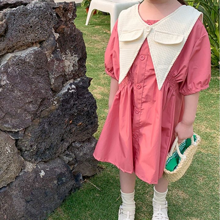 jeansame-dress-2022ฤดูร้อนสาวปกใหญ่ชุดเด็กแขนสั้น-frocks-น่ารักเจ้าหญิงพรรคเด็ก39-s-one-p-iece-เสื้อผ้าเกาหลีชุดเด็ก