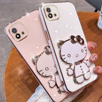 Folding Makeup Mirror Phone Case For OPPO Realme C20 C20A C11 2021 Realme Narzo 50i  Case Fashion Cartoon Cute Cat Multifunctional Bracket Plating TPU Soft Cover Casing