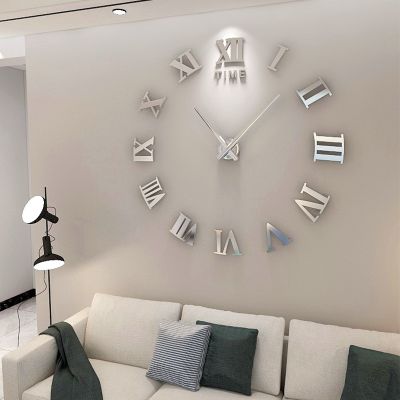 [24 Home Accessories] นาฬิกาติดผนังขนาดใหญ่3D DIY นาฬิกาควอตซ์ตัวเลขโรมันนาฬิกากระจกอะคริลิคสติกเกอร์ผนังการออกแบบที่ทันสมัยการตกแต่งบ้านร้อนแรง