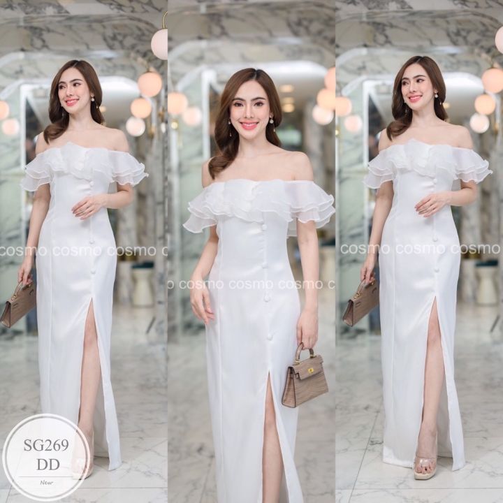 ชุดเดรสผู้หญิง-เดรส-ชุดเดรส-dress-เดรสผู้หญิง-ชุดเดรสสวยๆหรู-sg269-ชุดเดรสยาวออกงาน-เดรสเกาะอก-แต่ระบายผ้าแก้ว-ใส่ได้ทั้งเปิดไหล่-ปิดไหล่-กระโปรงผ่าหน้า-สวยหรูคือปังมากกแม่-พร้อมส่ง