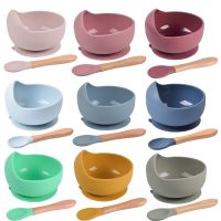 Baby Bowl Spoon Children Lunch Silicone Tableware Wooden Handle Silicone Spoon Cup Bowl Baby Silicone Bowl Lunch Feeding Bowl Fork Spoon Sets