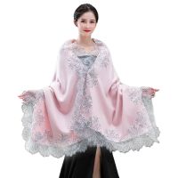 Women Autumn Pashmina Elegant Large Scarf Vintage Evening Dress Shawl Wrap Eyelash Floral Lace Edge Wedding Stole Cape