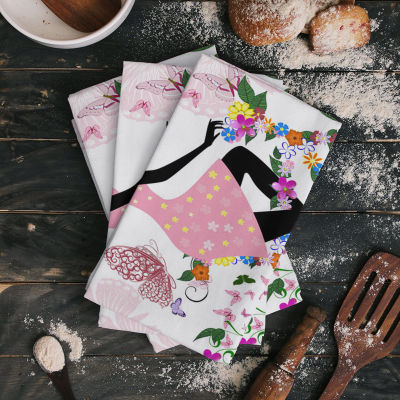 Butterfly Girl Bicycle Flower Pink White Printed Tea Hand Towel Kitchen Dishcloth Water Absorption Household Cleaning Cloth