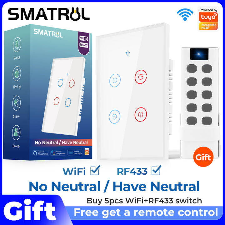 SMATRUL WiFi & 433MHz RF Wall light Switch, NO Need Neutral Wire, White