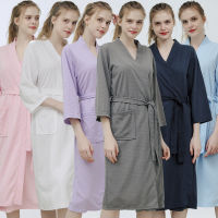 Women Solid Color Waffle Nightwear V neck Sleep Lounge Robes Female Home Dressing Gown Kimono Robes Bathrobes Spa sauna garment