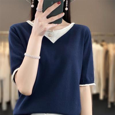 Fake Two-piece T-shirt Womens 2023 Summer Womens New V-neck Loose Korean Color-matching Knitted Short-sleeved Womens Top 2023