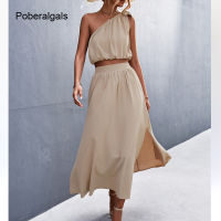 Chic Skew Collar Tie 2-Piece Skirt Suits for Women Summer Sets 2022 New y Short Vest Tops + Hem Slit Long Skirt Suit Women