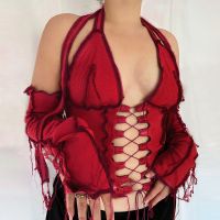 【Feb】 2020 Backless Halter Ribbed Tie Front Top Women Long Sleeve Hollow Out Lace Up T Shirts Patchwork Sexy Bodycon Y2K Crop Top