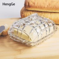 Light Luxury Clear Glass Butter Dish with Lid Creative Kitchen Grid Relief Boxes Western Food Cheese Dessert Butter Storage Box