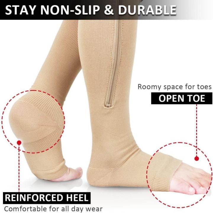 1คู่ซิปลูกวัวถุงเท้าการบีบอัด15-20-mmhg-สำหรับผู้หญิงผู้ชายเข่าสูงเปิดนิ้วเท้าเส้นเลือดขอดร้านขายชุดชั้นในสำหรับอาการบวมน้ำบวม