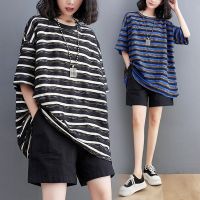 เสื้อยืดแขนสั้นผ้าฝ้าย Plus Size Women S Striped Mid-Length Tees